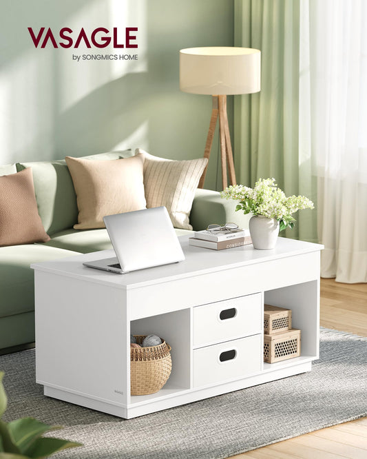 VASAGLE coffee table, adjustable in height, 2 drawers and hidden compartments, open storage shelves, for living room, home office, snow white LCT210W01