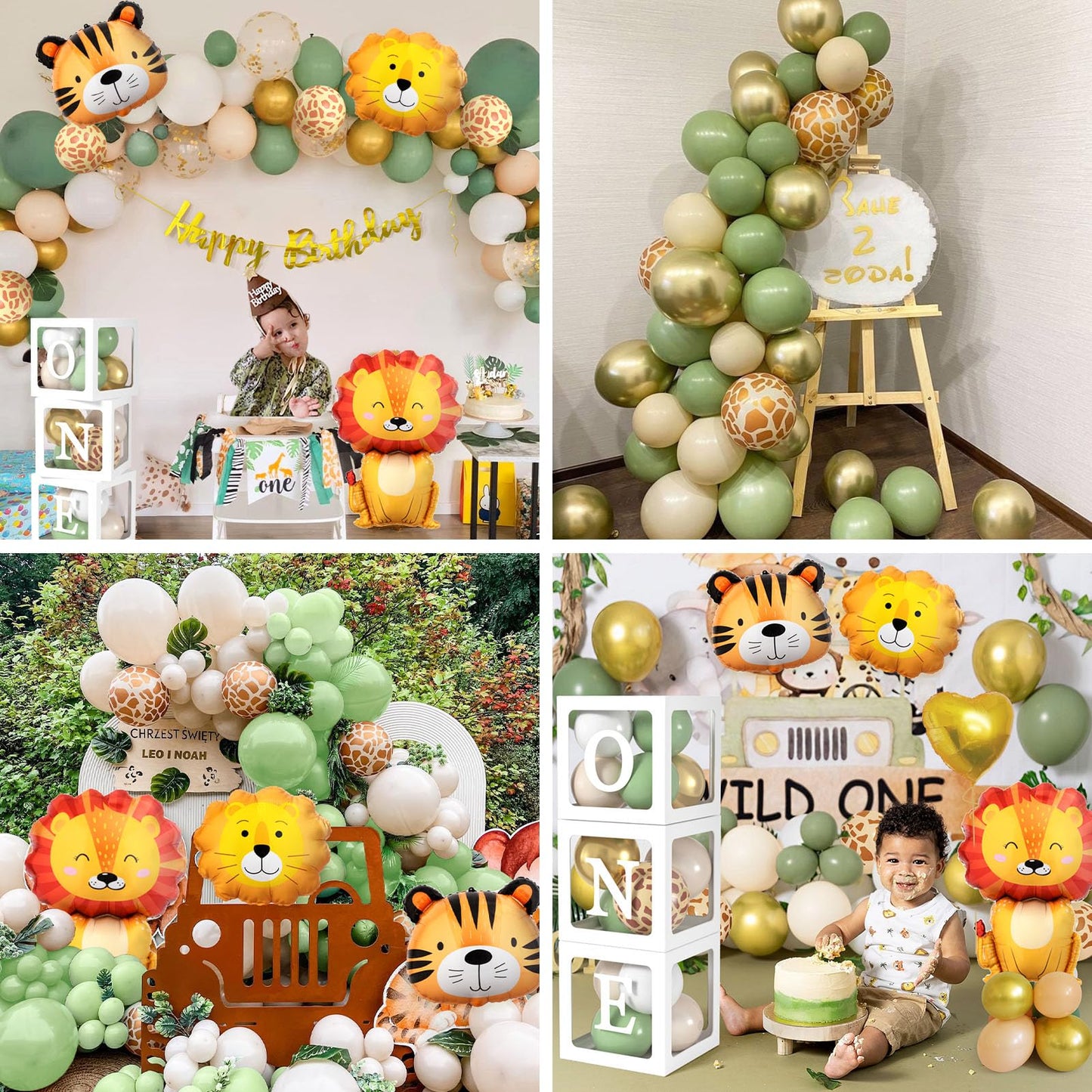 Jungle Safari Decor 1st Birthday Boy Wild One Birthday Decor with Sage Green Balloons Garland Balloon Box Safari Kids Birthday Decor Baby Shower Baptism Tropical Birthday Party Decor