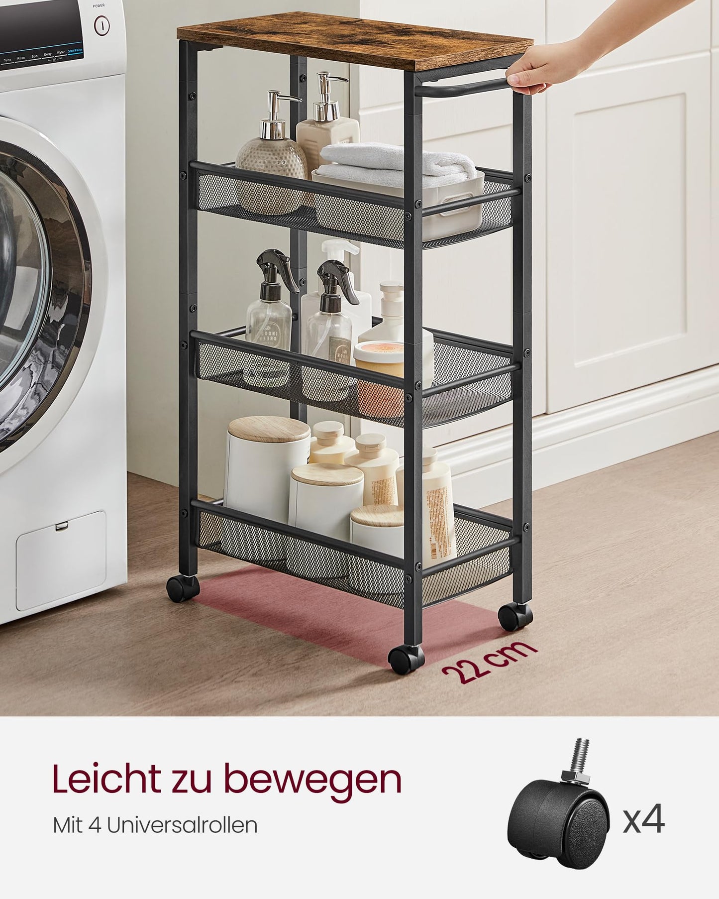 VASAGLE 4-Tier Narrow Kitchen Cart, Slim Rolling Utility Cart, Steel Frame, Handle, for Small Spaces, 8.7 x 17.9 x 30.3 Inches, Kitchen, Bathroom, Living Room, Office, Vintage Brown-Black LRC033B01
