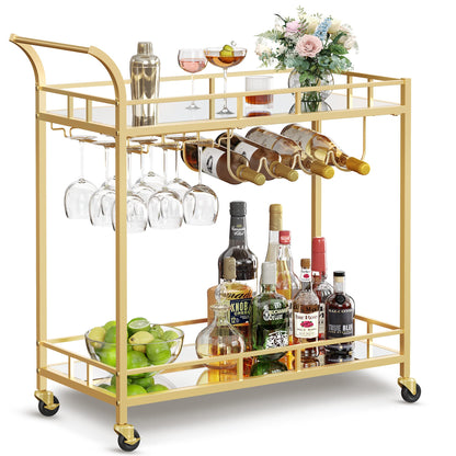 VASAGLE serving cart, rolling cart, glass holder, 2 mirrored glass shelves, bar cart, wine cart, for kitchen, dining room, bar, gold color LRC090A03