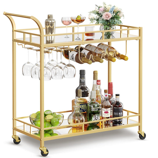 VASAGLE serving cart, rolling cart, glass holder, 2 mirrored glass shelves, bar cart, wine cart, for kitchen, dining room, bar, gold color LRC090A03