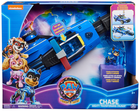 PAW PATROL: The Mighty Pups Movie, 40cm long Chase Deluxe Superhero Rocket Vehicle incl. Chase figure, lights and sounds, suitable for children aged 3 and up.