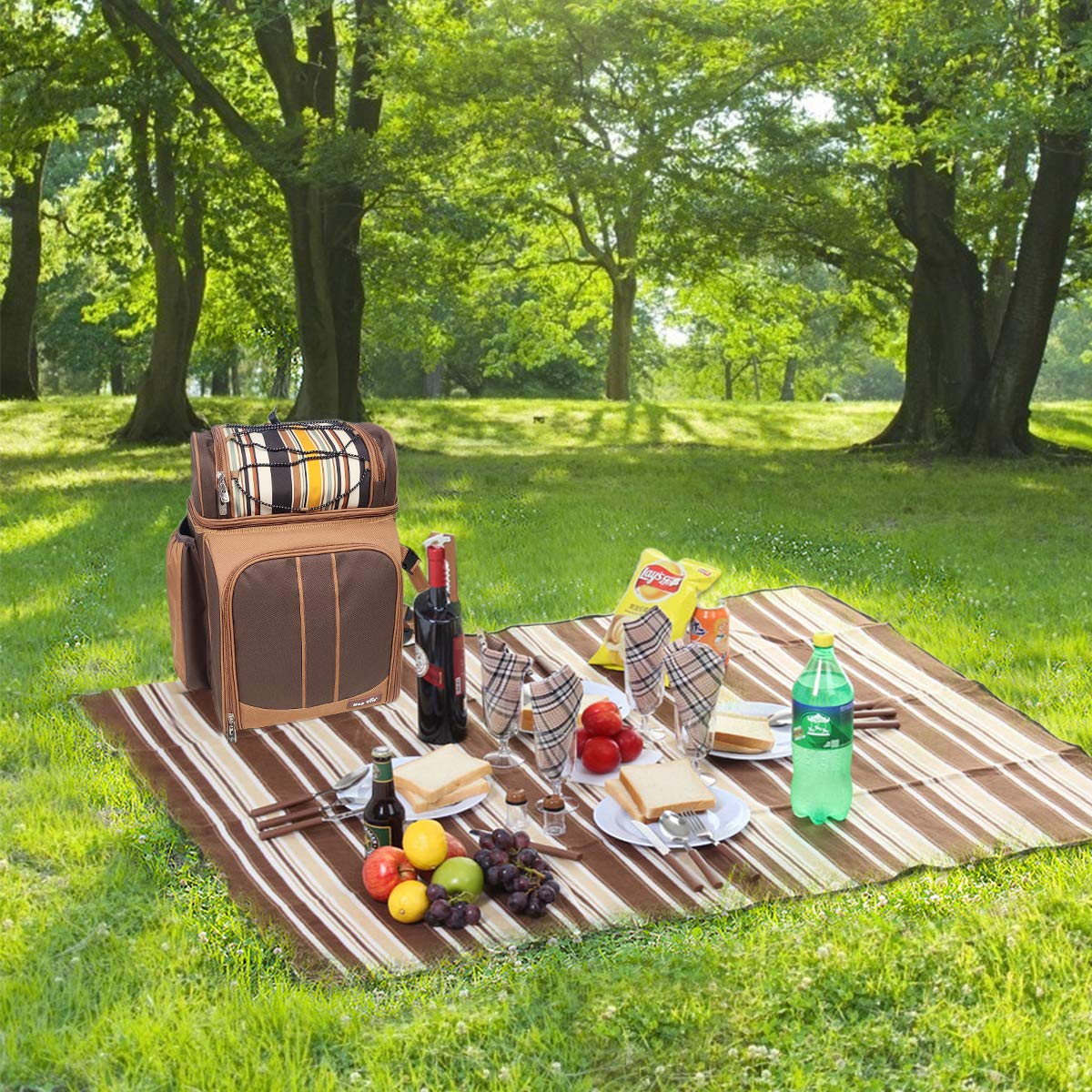 Hap Tim 4 Person Picnic Backpack Set with Insulated Leakproof Cooler Bag, Wine Holder, Fleece Blanket, Cutlery Set, Camping, Family, and Lover Gifts (EU-36079)