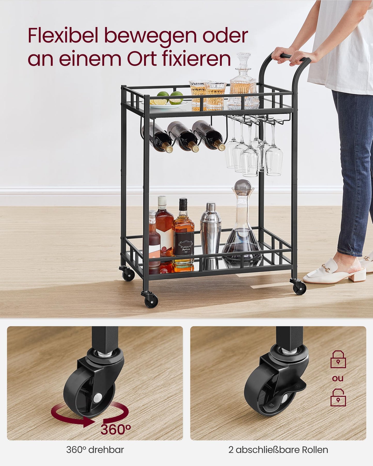 VASAGLE Bar Cart, Rolling Cart, Glass Holder, 2 Mirrored Glass Shelves, Wine Cart, for Kitchen, Dining Room, Bar, Black LRC092B62