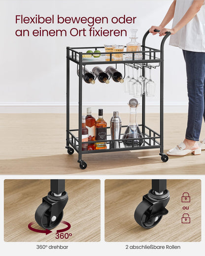 VASAGLE Bar Cart, Rolling Cart, Glass Holder, 2 Mirrored Glass Shelves, Wine Cart, for Kitchen, Dining Room, Bar, Black LRC092B62