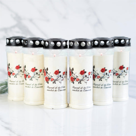 6er set HOFER GRAVE CANDLES 7 days burning time - The Original [Black Sorrow] Mourning Candles with Lid | Grave Light, Cemetery Candle with Design and Quote | Candles for Grave Decoration and Memorial