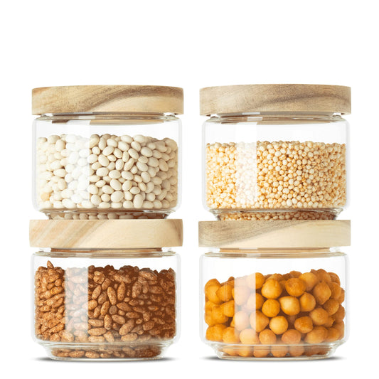 Econovo® storage jars with lid 300ml (4 pieces), glass containers with lid set, glass storage jars for storing muesli, pasta, coffee, storage jars with wooden lid.