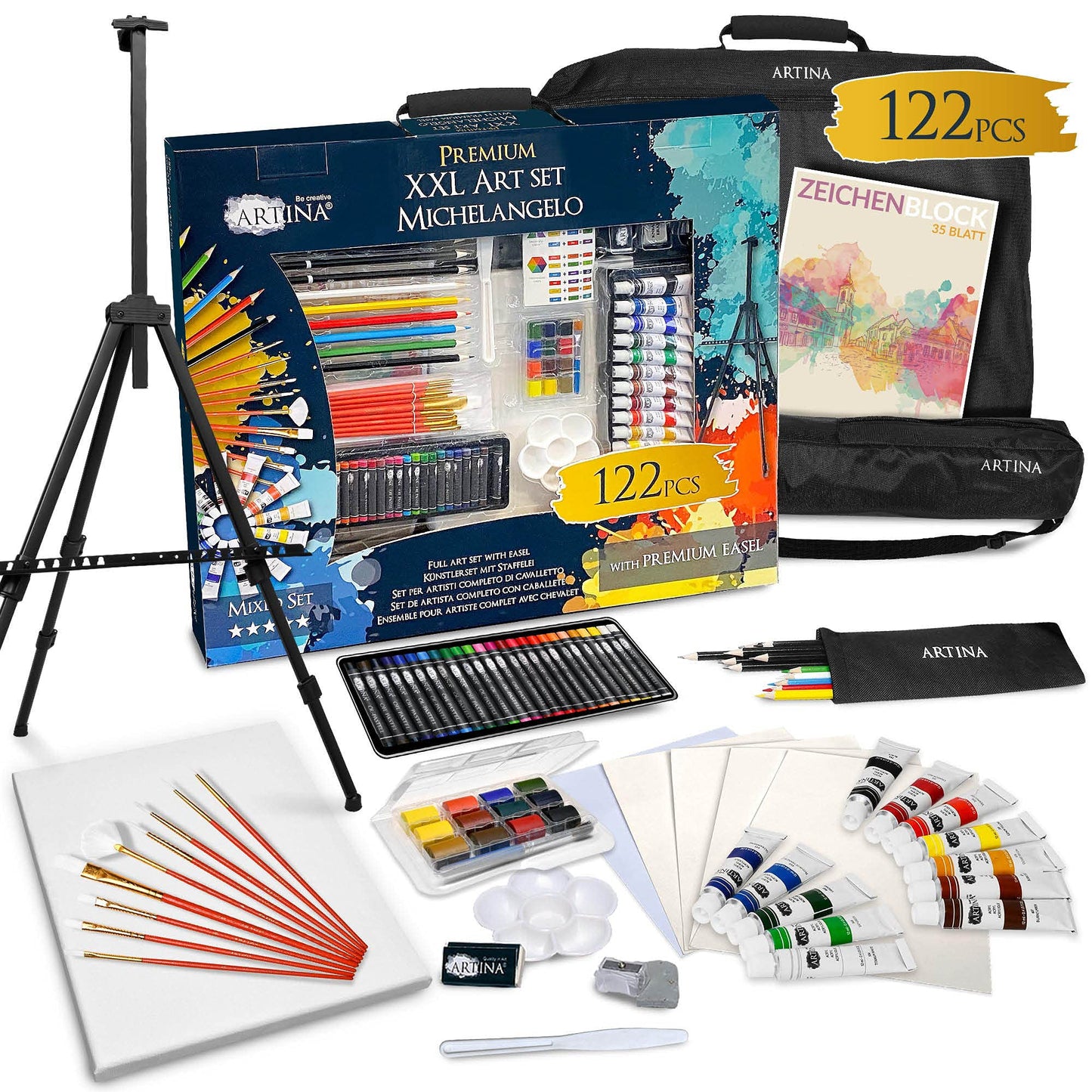Artina 122tlg XXL Painting Set with Michelangelo Easel - Artist Set Acrylic & Drawing Set - Colored Pencils, Canvas, Brush Set, Watercolors, Pastel Chalk - Great Creative Set for all ages