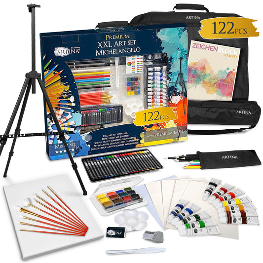 Artina 122tlg XXL Painting Set with Michelangelo Easel - Artist Set Acrylic & Drawing Set - Colored Pencils, Canvas, Brush Set, Watercolors, Pastel Chalk - Great Creative Set for all ages