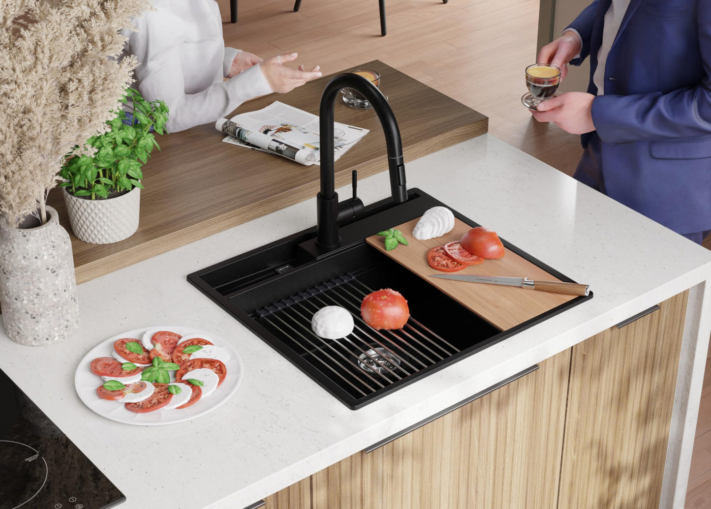 PRIMAGRAN Granite Sink All Black 58x53cm, Granite Sink 1 Bowl + Drain Set + Kitchen Accessory Set, Kitchen Sink for 60cm Base Unit - Oslo Pocket S153