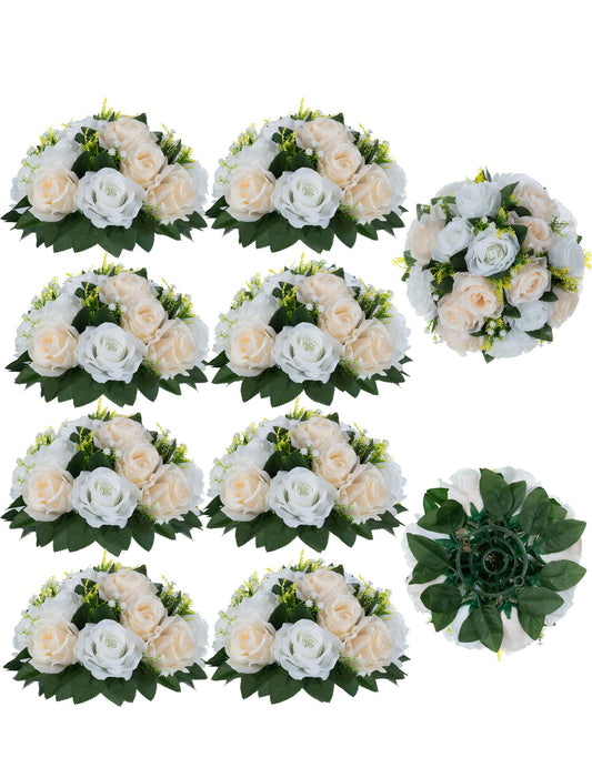 BLOSMON bouquet artificial flower arrangements 10 Pcs Champagne & White Artificial Flower Bouquet Table Decoration Flower Ball Valentines Day Wedding Mother's Day Gift