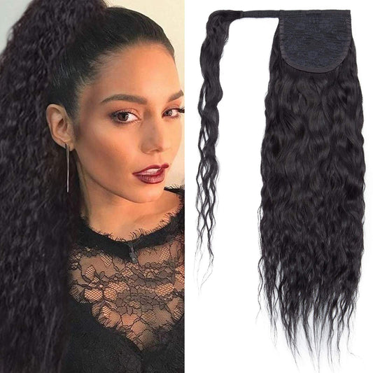 SEGO Clip-in ponytail extensions made of real hair. Curly wavy hairpiece for women. 14" (35cm) long and 80g in black #1-1.