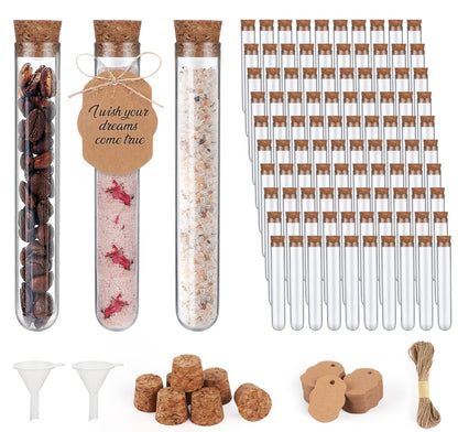 100 pieces of plastic transparent test tubes with corks, 100 pieces of dowels + 20m hemp rope + 2 pieces of funnels, for DIY craft spices, liquids, sweets, and candy.