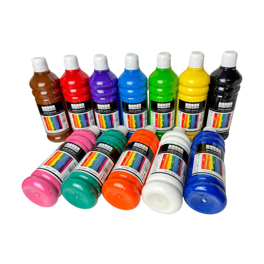24 color set of acrylic paints, each 500 ml. Highly pigmented and opaque painting colors for canvas, pouring, wood, stone, paper, fabric, metal, etc. All-purpose colors. 24 x 500ml.