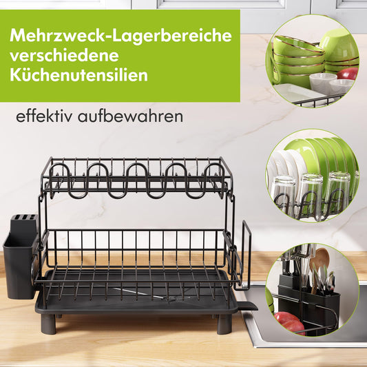 MAJALiS Dish Drying Rack, 2-Tier Dish Rack with Drip Tray, Stainless Steel Dish Rack with Utensil Holder, Rotating Spout, Black