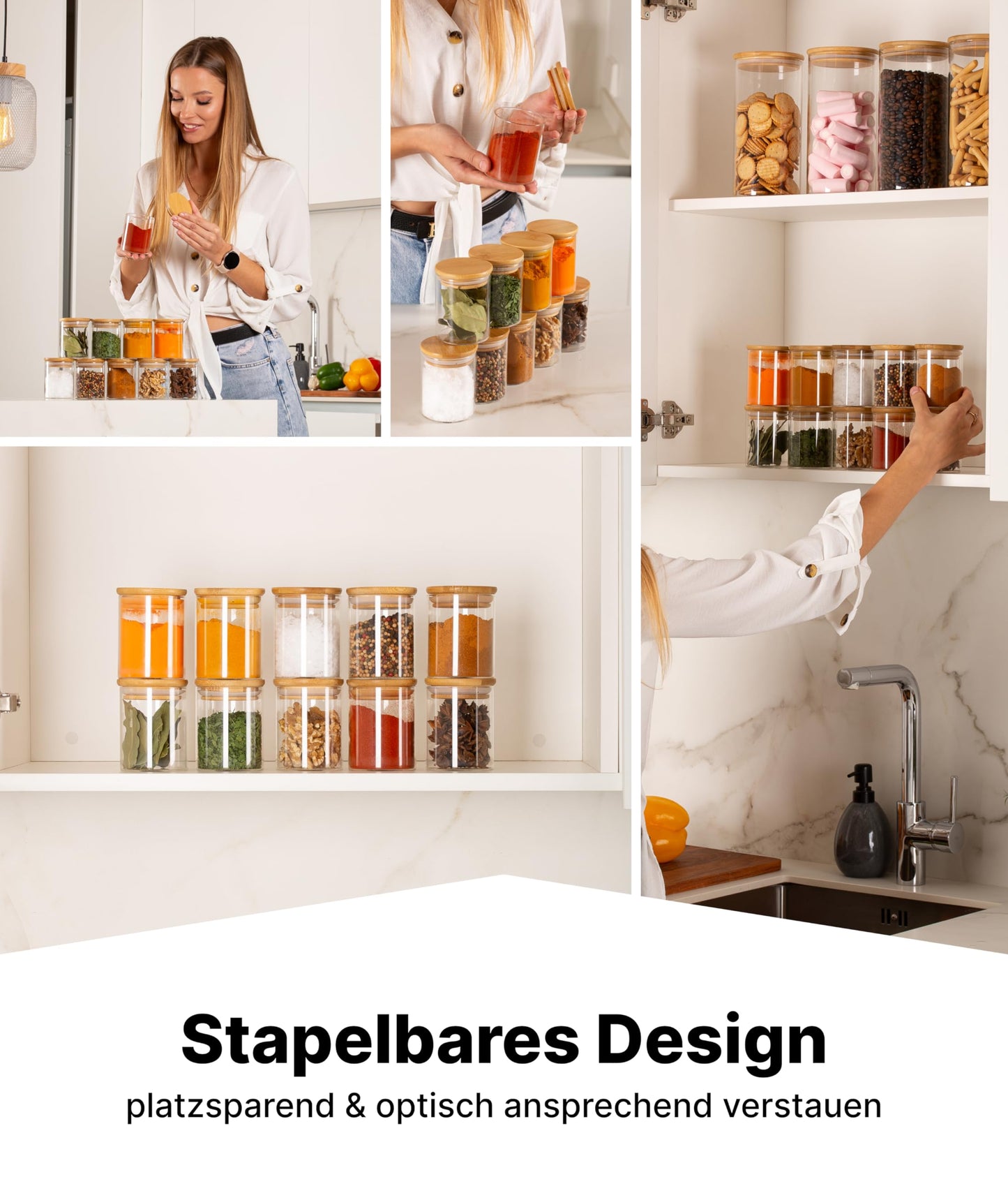 Deco house® Spice Jars Set of 10 with Wooden Lids [+ Labels] - Round Airtight Glass Spice Jars - Spice Containers - Spice Storage Jars Set - Containers for Spices - Spice Storage