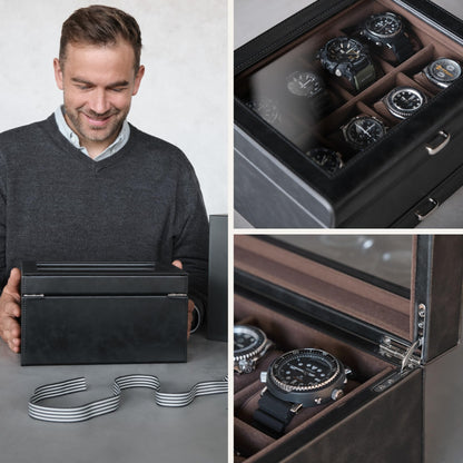 TAWBURY watch box for men up to 8 watches - black watch and jewelry storage box with drawer for men | Faux leather watch storage case | Luxury watch box for men | Watch holder