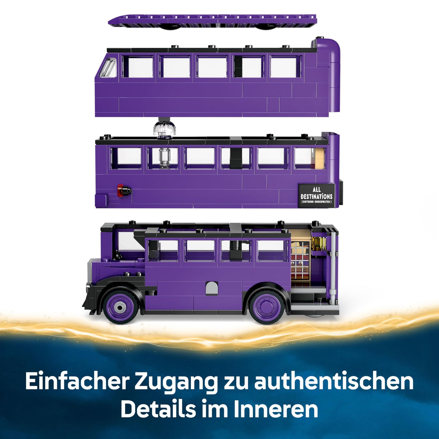 LEGO Harry Potter Knight Bus Adventure set includes 5 minifigures and accessories like wands. Perfect gift for kids 8+ years old.