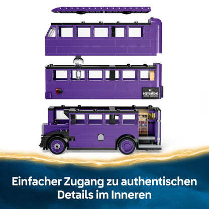 LEGO Harry Potter Knight Bus Adventure set includes 5 minifigures and accessories like wands. Perfect gift for kids 8+ years old.