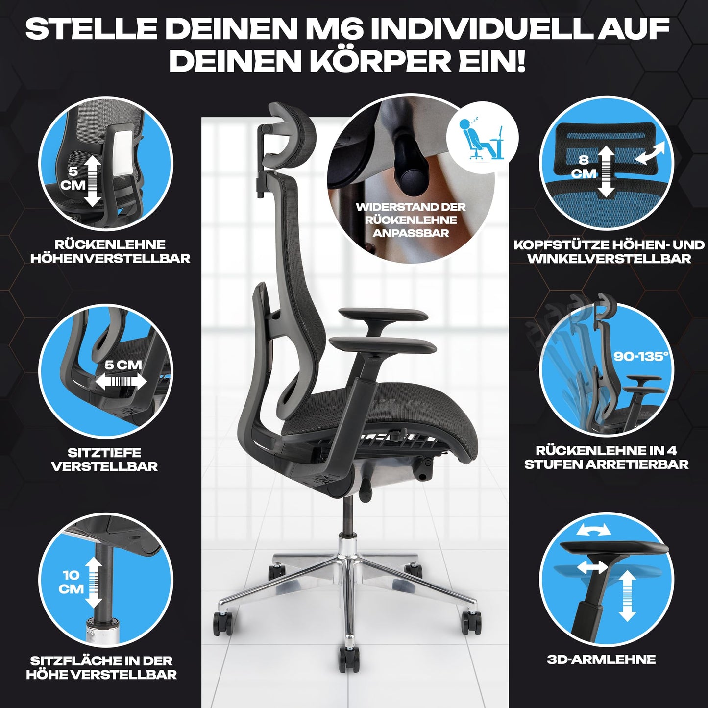 VALKENSTOL M6 office chair Ergonomic award winner | Large people desk chair | Mesh seat office chair with adaptive lumbar support and adjustable backrest for healthy sitting Executive chair