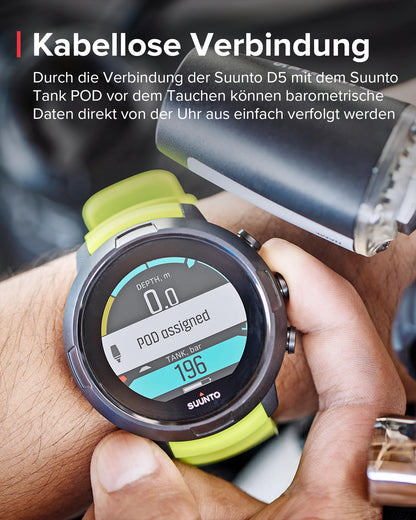 SUUNTO D5 dive computer with color display, 100m water resistant, alarm function, stopwatch, weather information, compass, and up to 12 hours battery life in dive mode