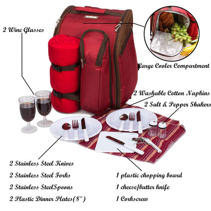 Apollo Walker picnic backpack 2-person picnic set (set & blanket) thermal bag coolers for camping, beach, hiking Red