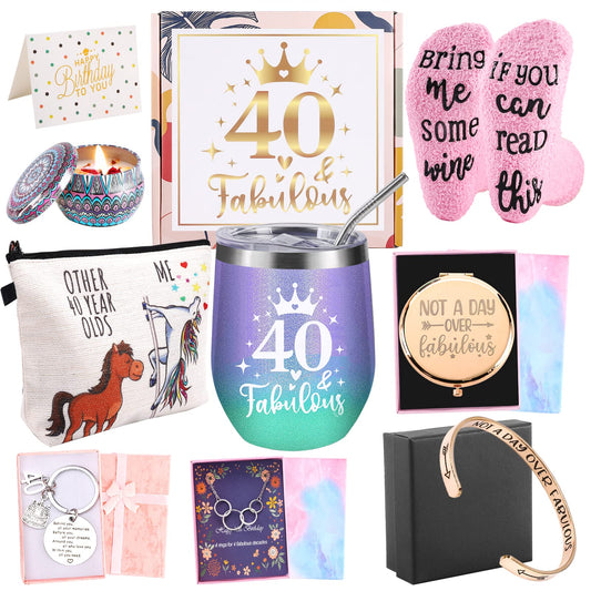Gifts for a 40th birthday for women, 9 special, unique, fun gifts for women turning 40, wife, mother, sister, friends, ladies, colleagues, socks, wine glass, candle, bracelet.