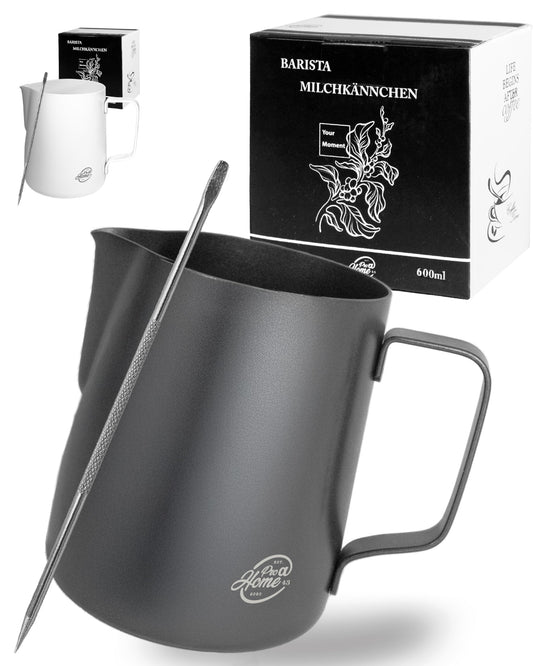 Pro@Home43 Barista Milk Jug Stainless Steel black anthracite 600ml (also 350ml) including Latte Art Pen / Milk Frothing Jug in gift box