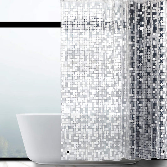 WELTRXE shower curtain with bottom weight magnets, transparent geometric design, made of waterproof and antibacterial Eva material. Size: 183*200cm, comes with 12 curtain rings. Ideal for shower and bathtub.