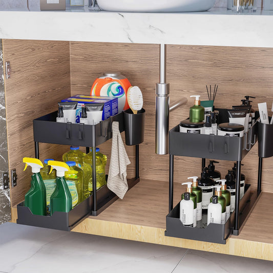 Puricon under sink shelf cabinet organizer, 2-tier countertop kitchen rack organizer, multifunctional spice rack under cabinet shelf sink rack - Black
