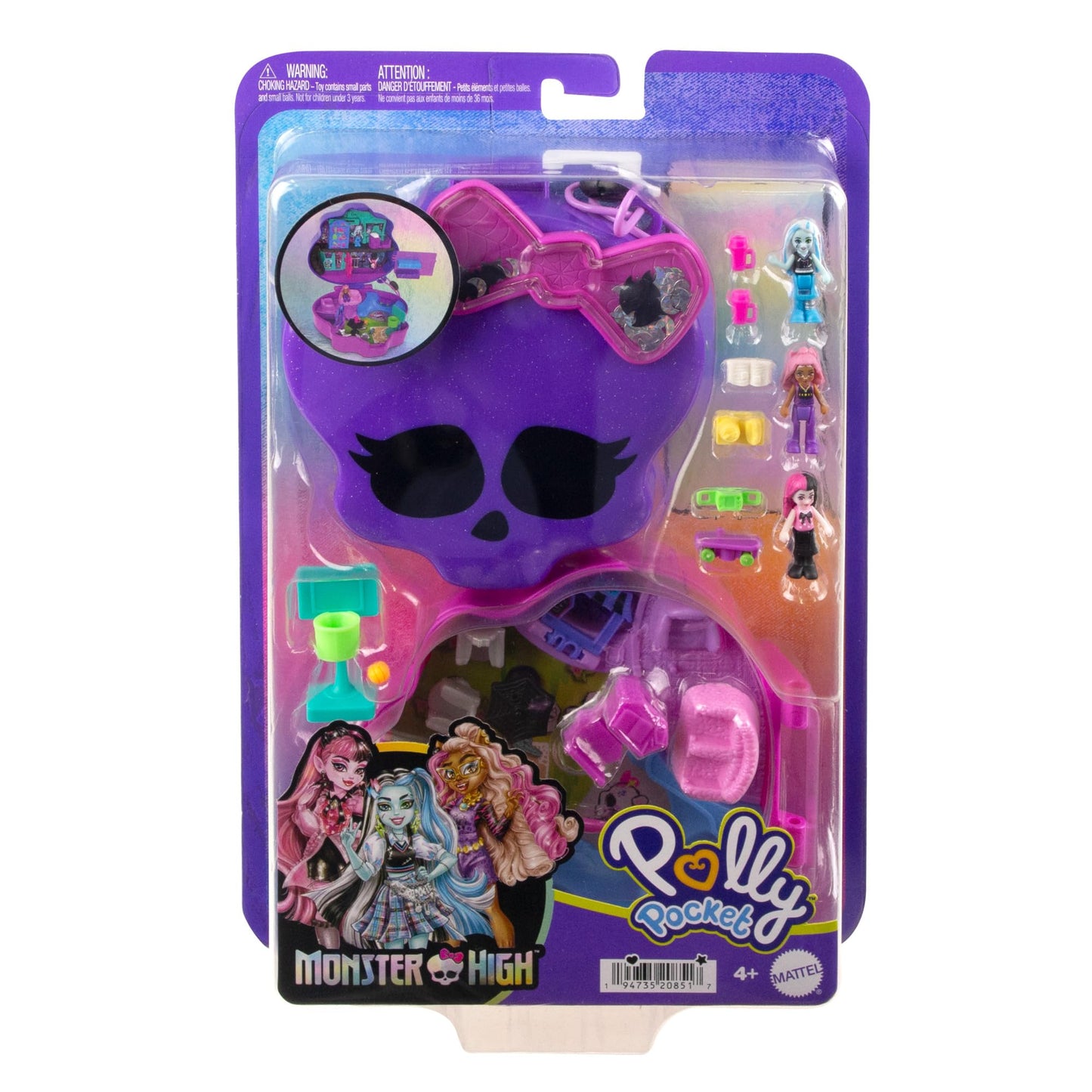 Polly Pocket Monster High playset with 3 small dolls and 10 accessories, school world inside, portable travel toy with storage capability, HVV58