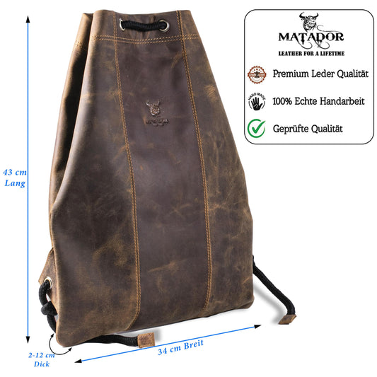 MATADOR sports bag backpack festival bag women's leather #SPARTA, elegant travel bag for men or gym bag for women, genuine leather drawstring backpack, small sports bag in brown Hunter.