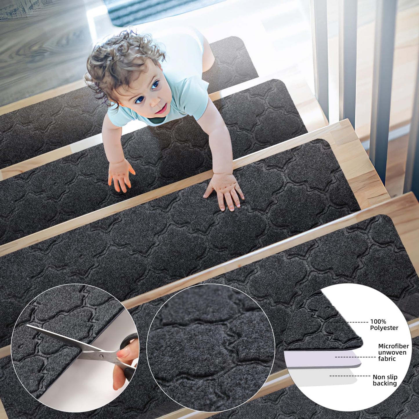 YISUN Stair Treads 15 Pieces, Anti-Slip Stair Tread Mats, Self-Adhesive Rectangular Stair Carpet, Carpet Stair Steps for Outdoor Indoor Use for Kids, Elderly, and Dogs, 20 x 65 cm (Dark Gray)
