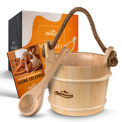 ALPENHAUCH sauna bucket with ladle [100% natural wood] - Elegant sauna bucket with ladle - Durable sauna accessory - infusion bucket set