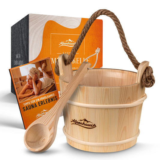ALPENHAUCH sauna bucket with ladle [100% natural wood] - Elegant sauna bucket with ladle - Durable sauna accessory - infusion bucket set