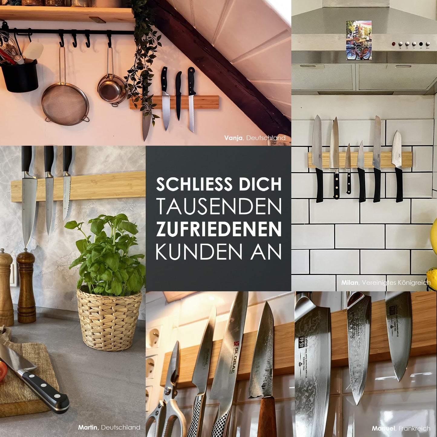 LARHN Bamboo Magnetic Knife Strip with Strong Magnet - 40 cm - Magnetic Knife Holder for Utensils and Tools - Knife Block without Knives