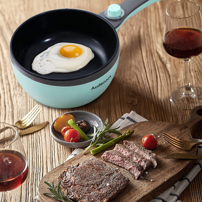 Audecook Electric Hot Pot with Steamer, 1.5L/20cm Electric Frying Pan Hotpot Pot Nonstick Mini Electric Skillet, Multi-cooker for Dorm Ramen, Steak (A (green/1.5L with Steamer))