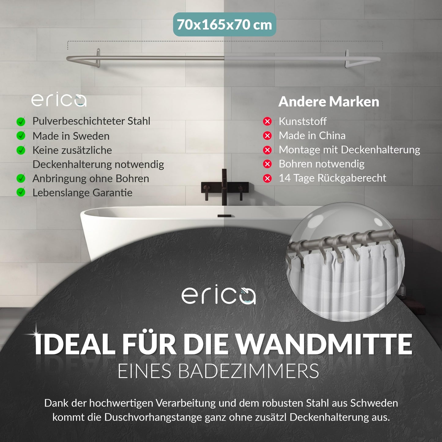 Erica shower curtain rod L-shape & U-shape - 4-in-1 system for bathtub or shower - Corner shower rod - Steel with powder coating - Without ceiling bracket - Gray