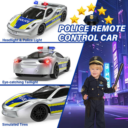 Muakiz Remote Control Car for 3 4 5 6+ Years Old, 2.4G RC Police Car Toy with Remote Control for Boys Girls Kids Toy with Rechargeable Battery & Police Light RC Cars Toy, Silver