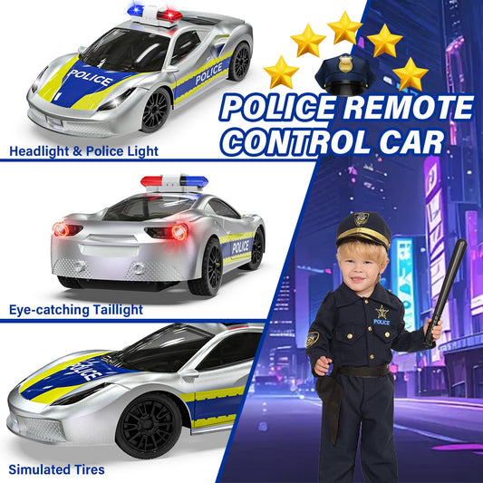 Muakiz Remote Control Car for 3 4 5 6+ Years Old, 2.4G RC Police Car Toy with Remote Control for Boys Girls Kids Toy with Rechargeable Battery & Police Light RC Cars Toy, Silver