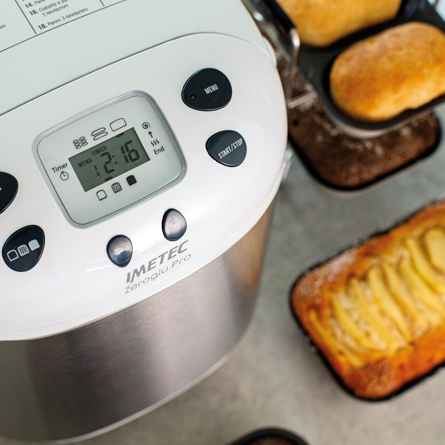 Imetec 7916 Zero-Glu Pro, device for gluten-free bread, ciabattas and rolls for celiac patients, pizza, cakes, jams, 20 programs, 2 paddles, controlled rising temperature recipe book