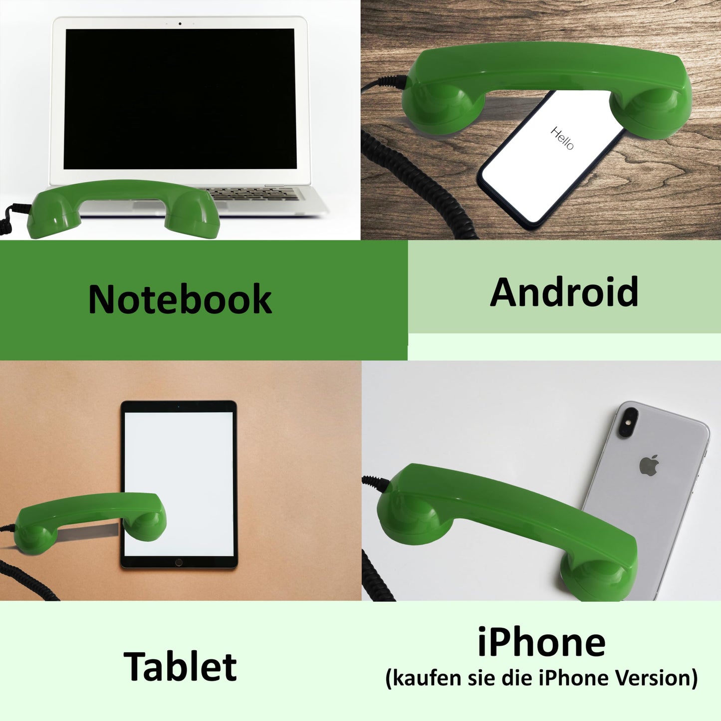 Description 60s Micro: Retro telephone handset for mobile with USB-C adapter as retro headset for Android Smartphone and for iPhone 15 and newer in Green.