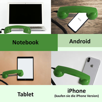 Description 60s Micro: Retro telephone handset for mobile with USB-C adapter as retro headset for Android Smartphone and for iPhone 15 and newer in Green.