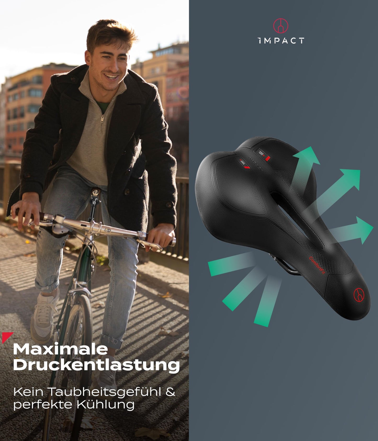 Impact® ComfortFit bike saddle for men and women - Ergonomic, comfortable & pain-free - Soft prostate and gel saddle for mountain bike, MTB, city, trekking & e-bike.