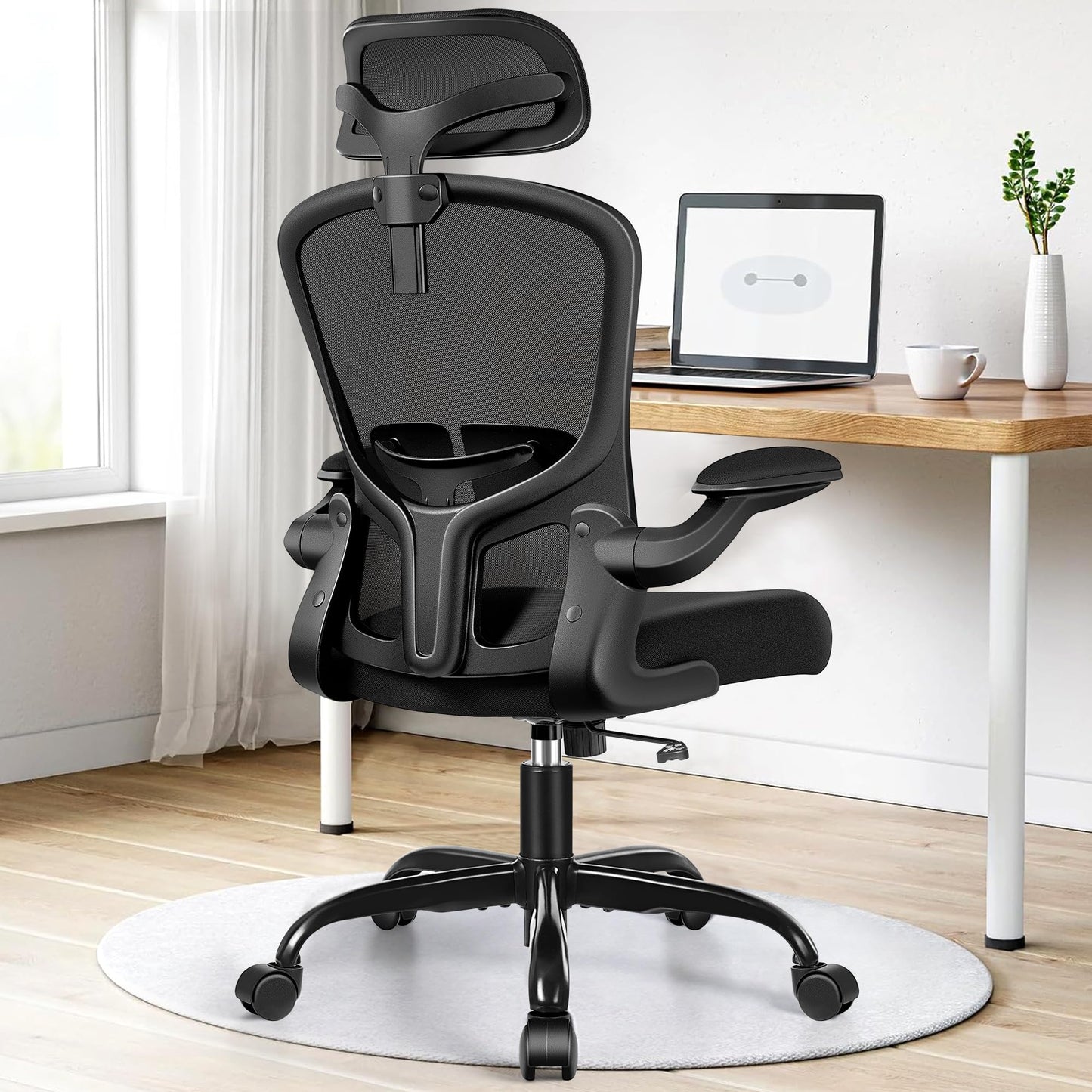 FelixKing Ergonomic Office Chair, Computer Chair, Adjustable Lumbar Support, 3D Headrest and Folding Armrests, Breathable Mesh Backrest, 300 lbs (Black)