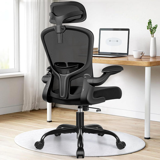 FelixKing Ergonomic Office Chair, Computer Chair, Adjustable Lumbar Support, 3D Headrest and Folding Armrests, Breathable Mesh Backrest, 300 lbs (Black)