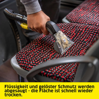 Kärcher carpet cleaner Puzzi 8/1, powerful for upholstery cleaning and spot removal on textiles, includes ergonomic short upholstery nozzle.