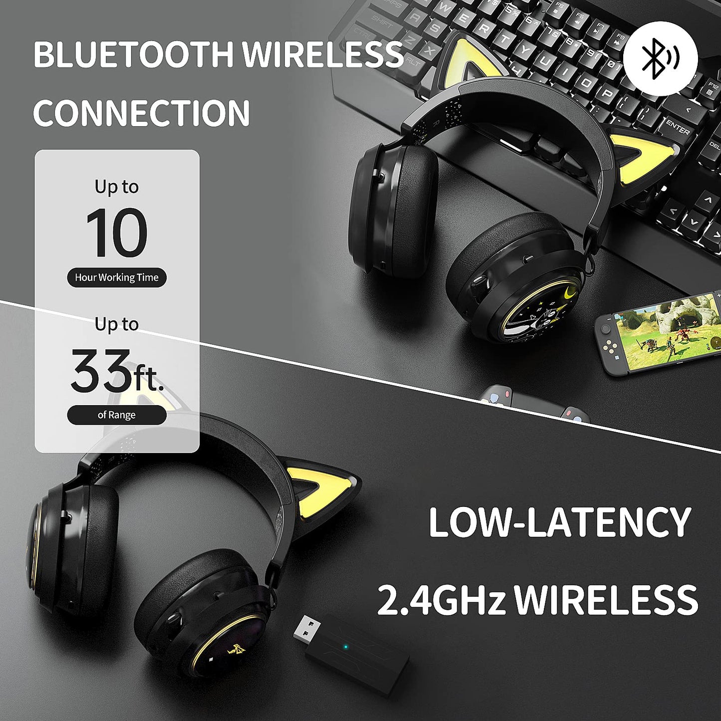 Somic Wireless Gaming Headset, Bluetooth headset for smartphone, retractable microphone, 7.1 surround sound, 50mm drivers, RGB lighting, cute cat ear headphones for girls, Black