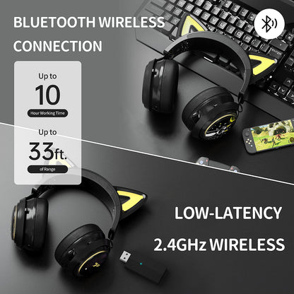 Somic Wireless Gaming Headset, Bluetooth headset for smartphone, retractable microphone, 7.1 surround sound, 50mm drivers, RGB lighting, cute cat ear headphones for girls, Black