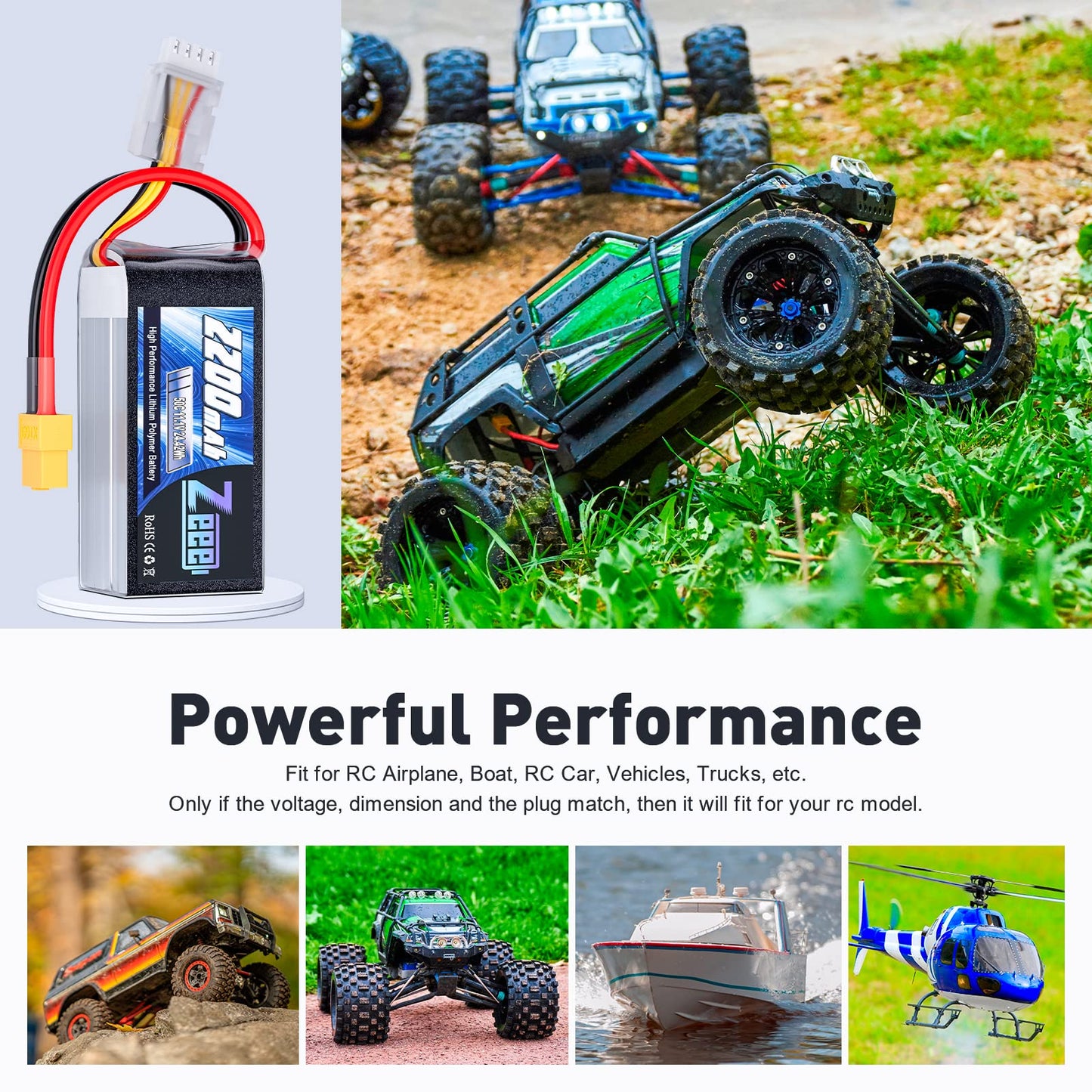 Zeee 3S Lipo 2200mAh 11.1V 50C battery pack with XT60 connector for RC car, truck, vehicles, boat, drone, airplane, quadcopter, helicopter, FPV racing. Hobby models. Pack of 2.